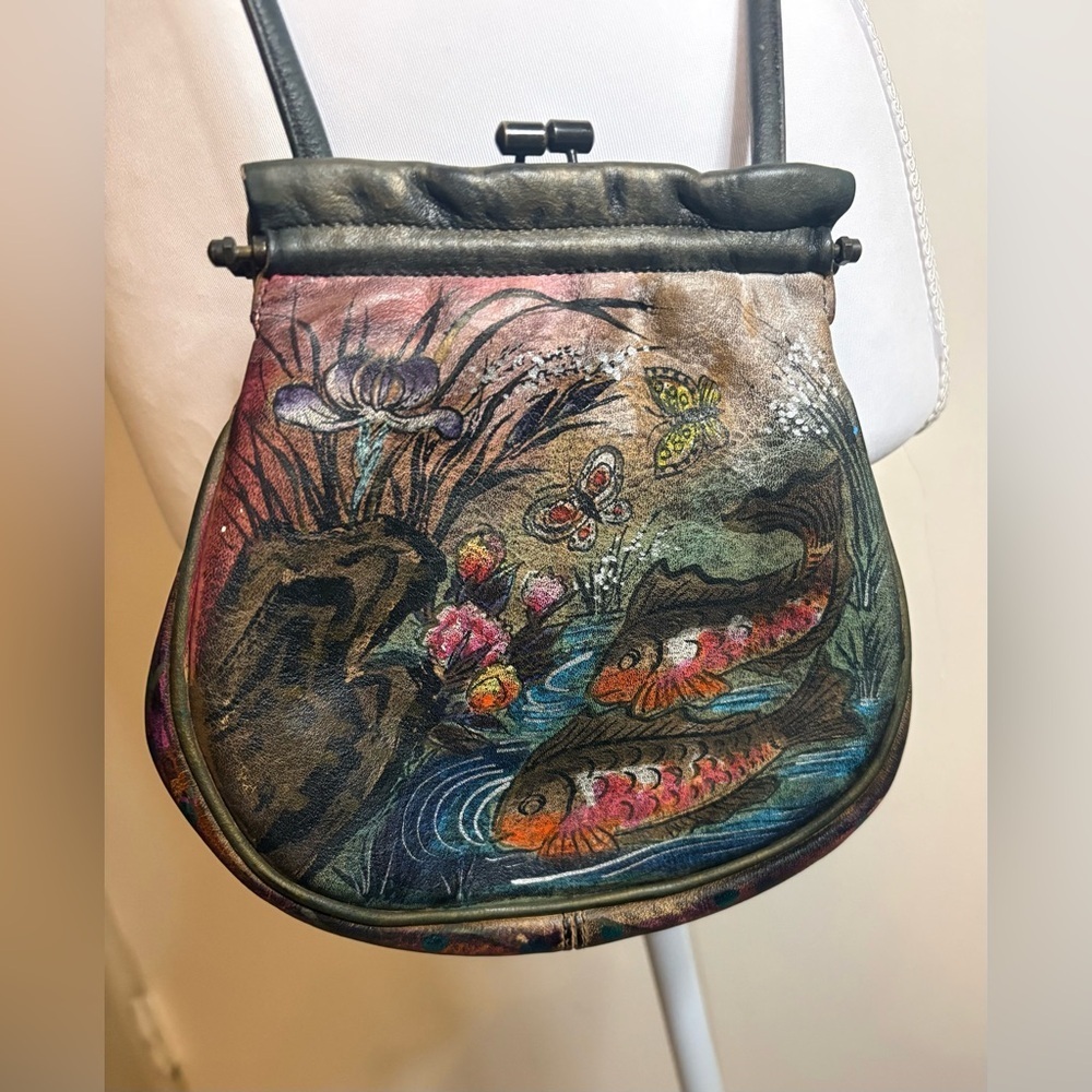 VTG JANE YOO Wearable Art LEATHER CROSSBODY HANDBAG Hand Painted